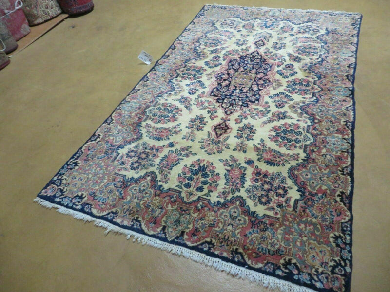 Antique Persian Kirman Rug 3.9 x 6.6, Floral Oriental Carpet, Ivory/Cream - Blue - Pink, Hand Knotted Wool Rug, Floral Medallion Rug 4x6 by Jewel Rugs