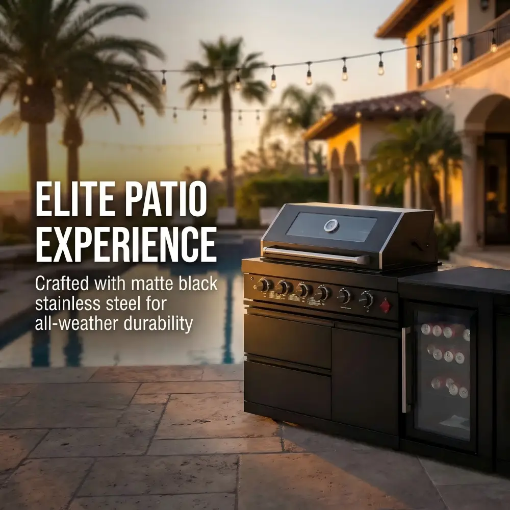 104" 4-Burner 72,000 BTU Black Outdoor Kitchen Bar Barbecue Island Grill + Wine Cooler + Sink by Chery Industrial