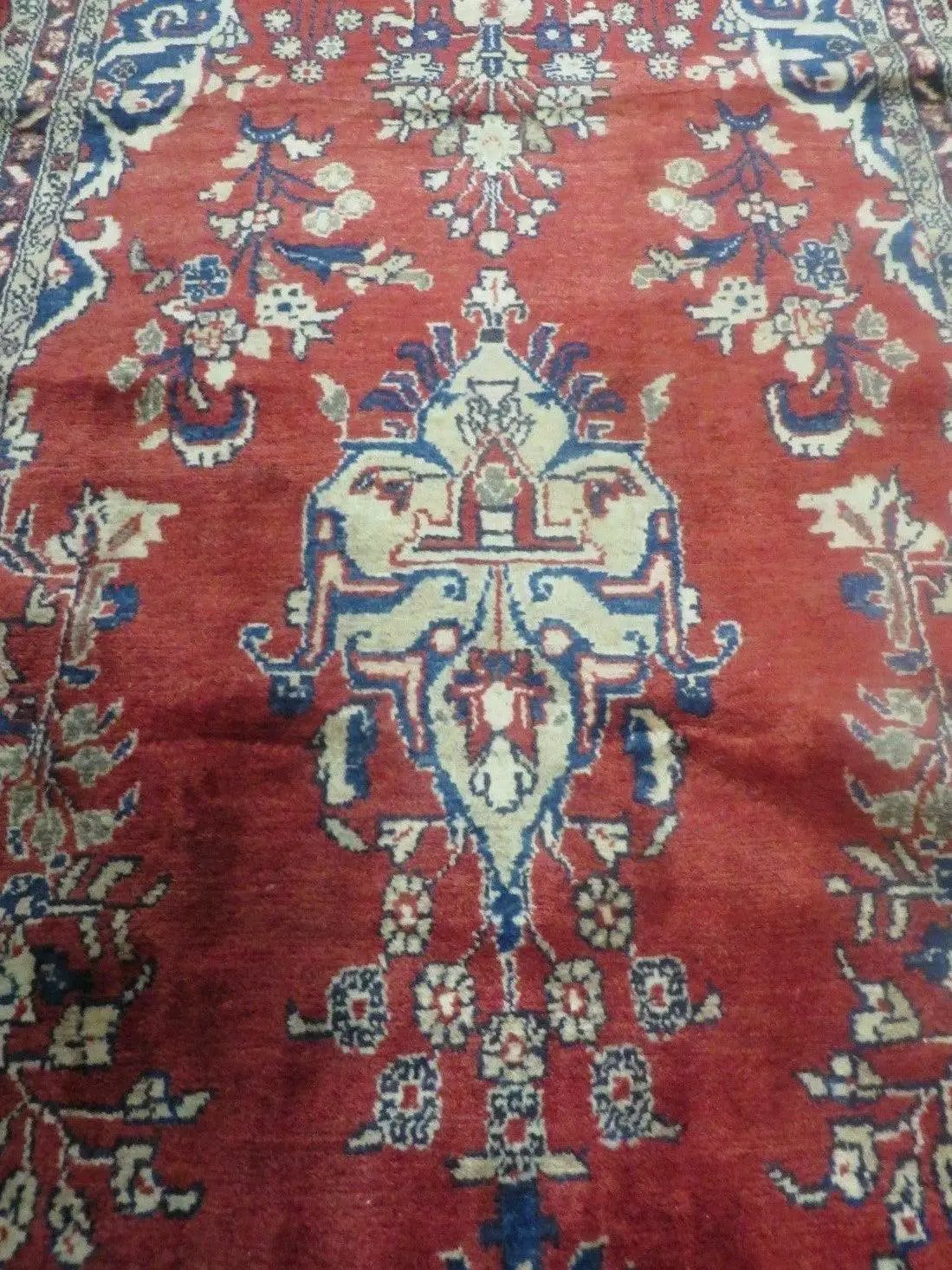 Persian Runner Rug 3 x 12, Antique Wool Oriental Runner, Floral Vases, Red & Navy Blue by Jewel Rugs