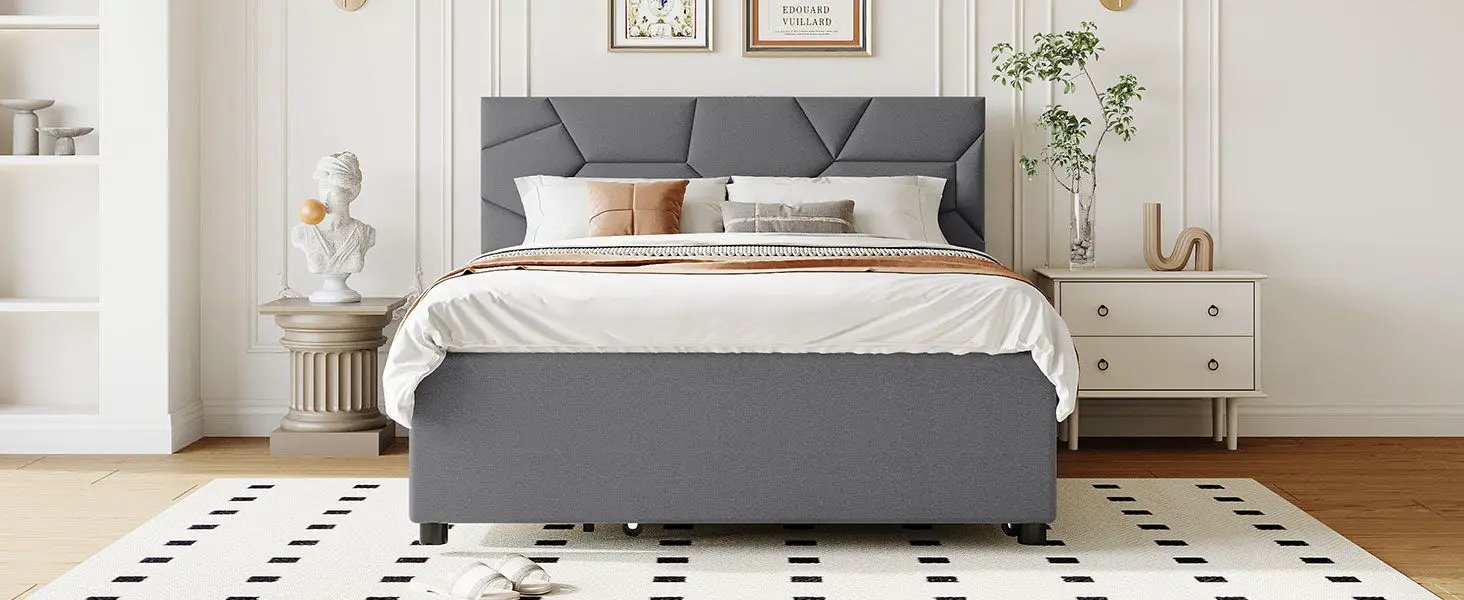 Upholstered Platform Bed With Brick Pattern Headboard And Twin Long Size Trundle by HouseOfZazla