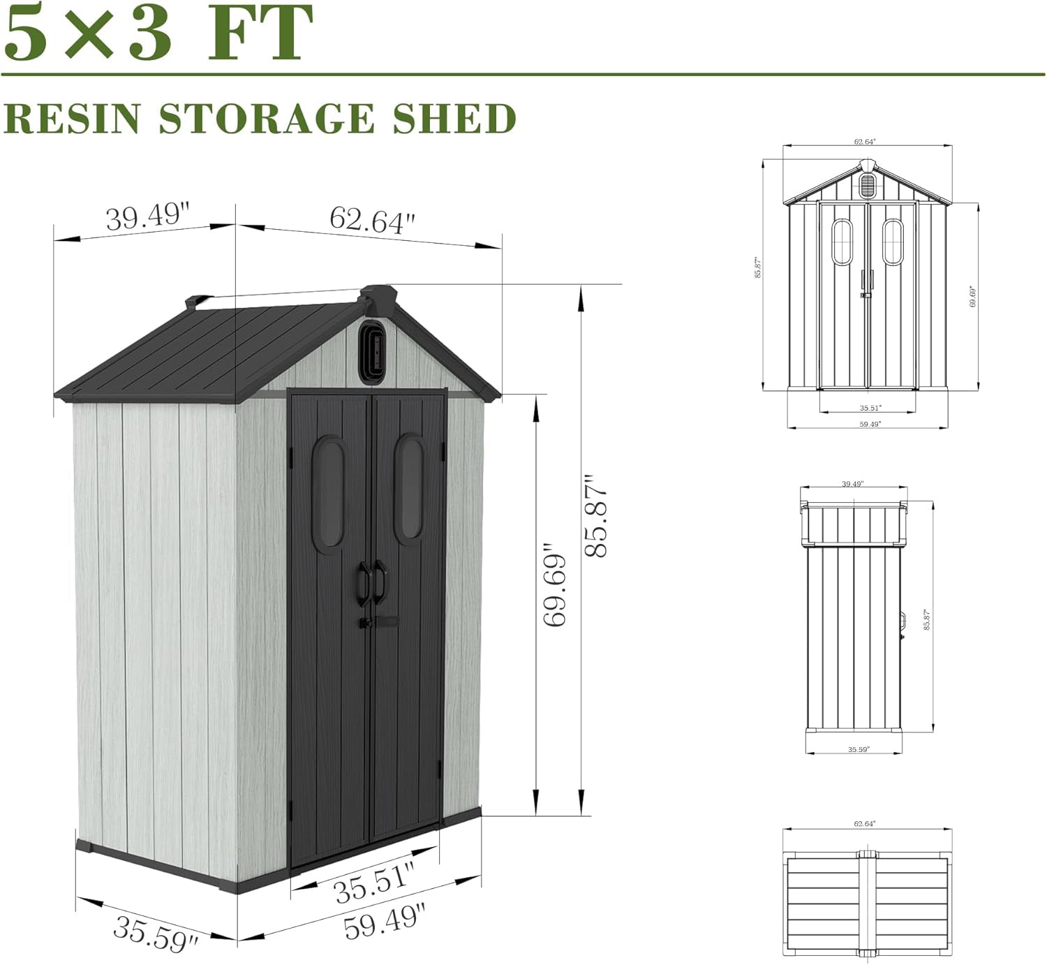 5x3FT Outdoor Resin Storage Shed with Transparent Windows & Louvered Vents by HouseOfZazla