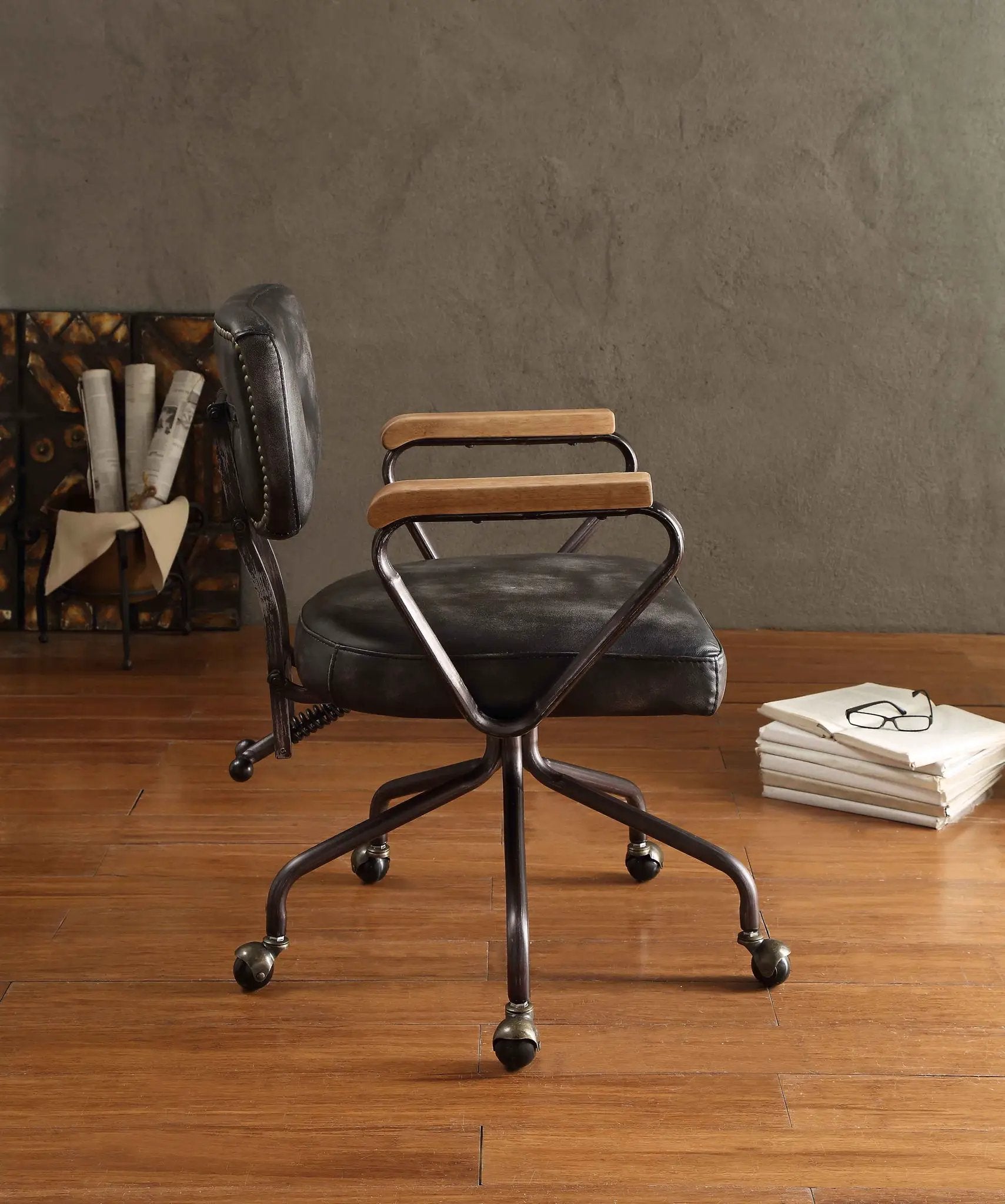 Hallie - Top Grain Leather Office Chair - Vintage Black by HouseOfZazla