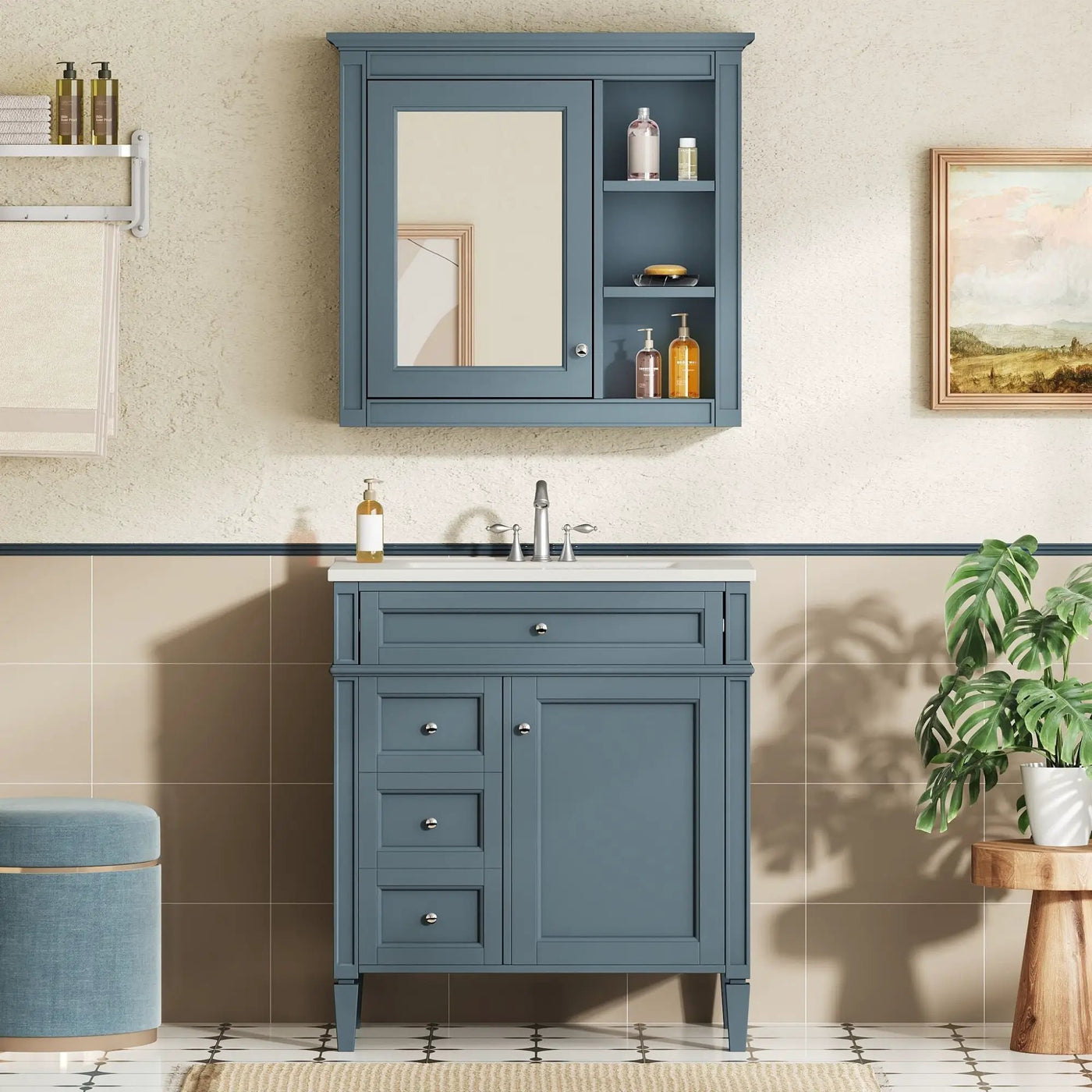 Bathroom Vanity With Medicine Cabinet, Royal Mirror Cabinet, Modern Bathroom Storage Cabinet With 2 Soft Closing Doors And 4 Drawers by Unique Piece Furniture
