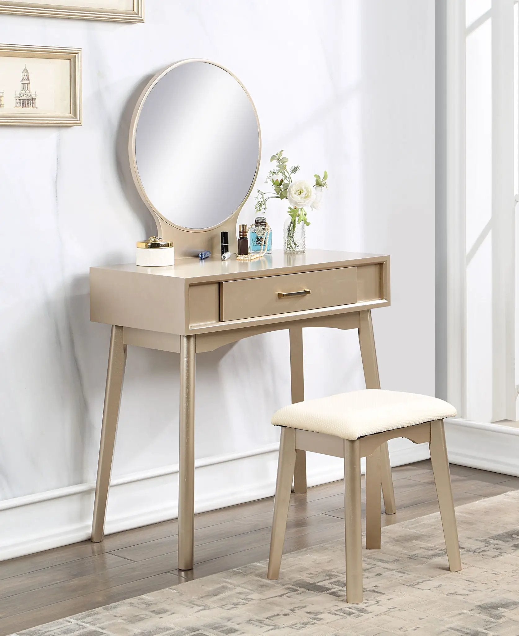Maly - Contemporary Wood Vanity And Stool Set - Gold by HouseOfZazla