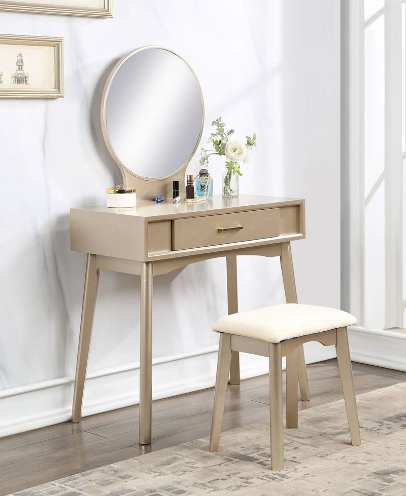Maly - Contemporary Wood Vanity And Stool Set - Gold by HouseOfZazla