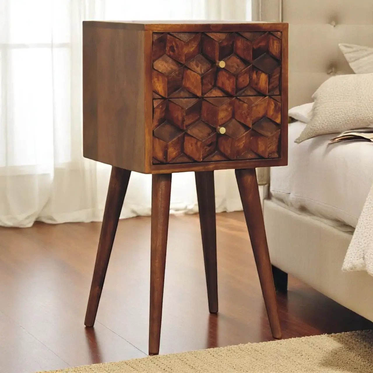 Mini Cube Carved 2 Drawer Nightstand by HouseOfZazla