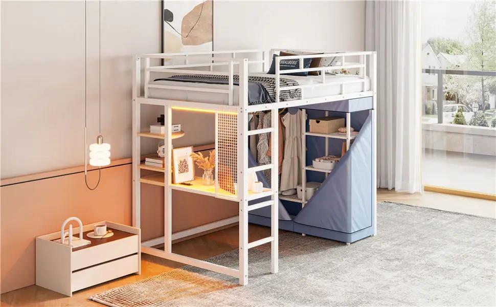 Loft Bed With Desk, Shelves, Power Outlet, LED Light And Wardrobe by HouseOfZazla