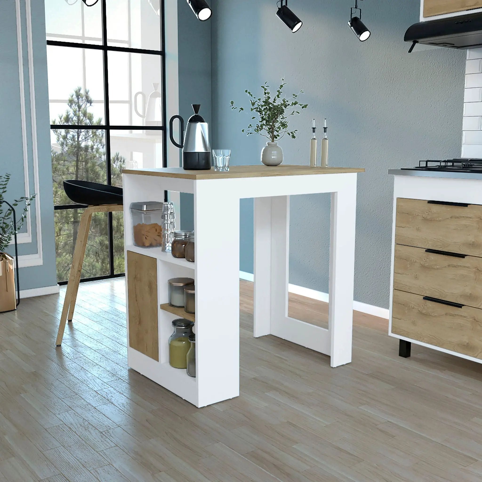 Kitchen Island Three Open Side Storage Shelves And One Push-To-Open Cabinet - White / Macadamia by Unique Piece Furniture