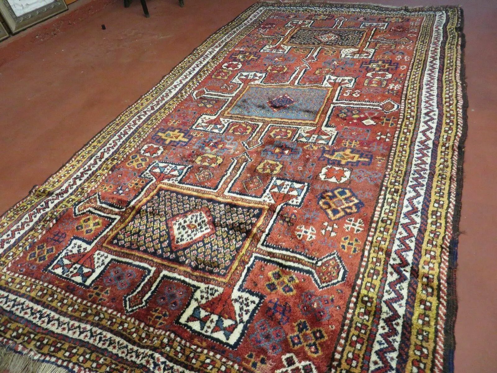 Antique Moroccan Runner Rug 4x9, Wide Runner, Hand Knotted Tribal Oriental Carpet, Hallway Rug, Geometric Medallions, Red, Bohemian Rug Nice by Jewel Rugs