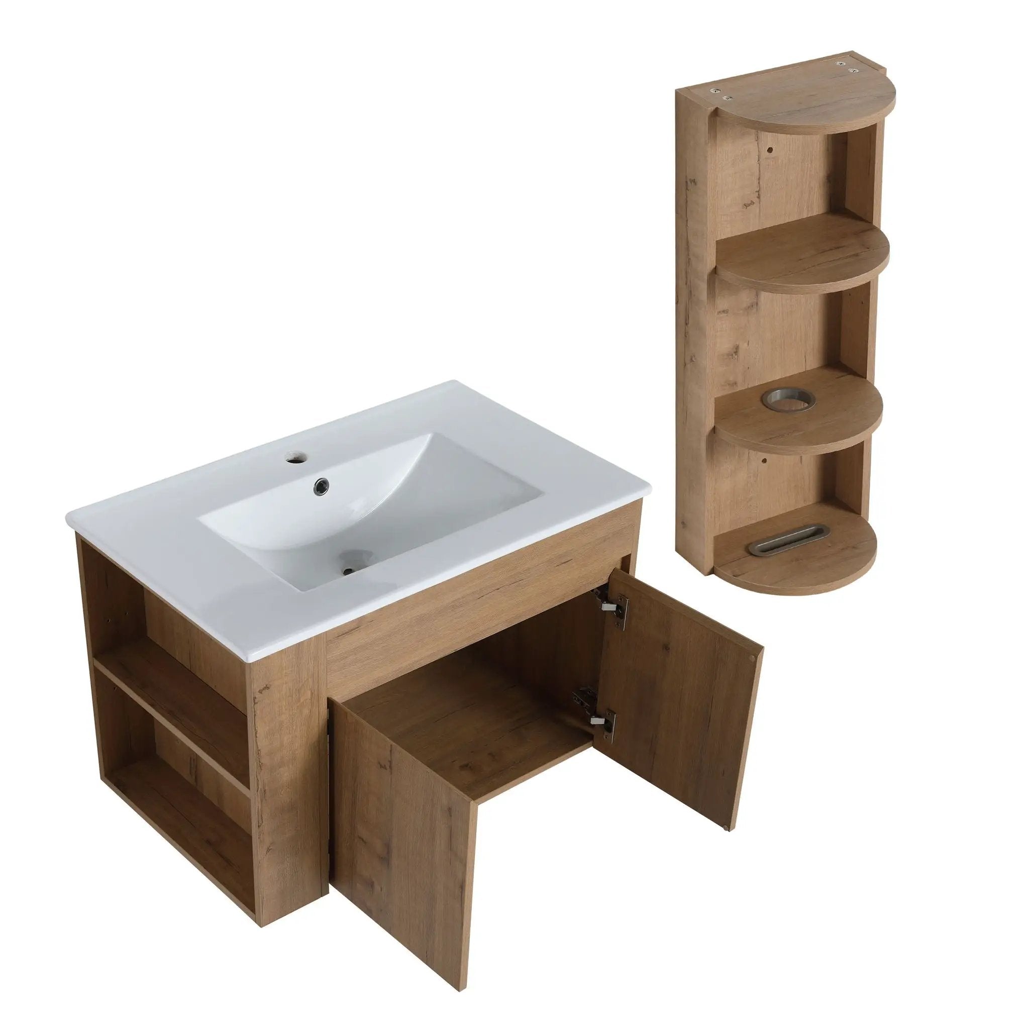 Modern Wall Mounted Bathroom Vanity With Sink And Storage Rack Soft Close Doors Plywood - Imitative Oak by HouseOfZazla