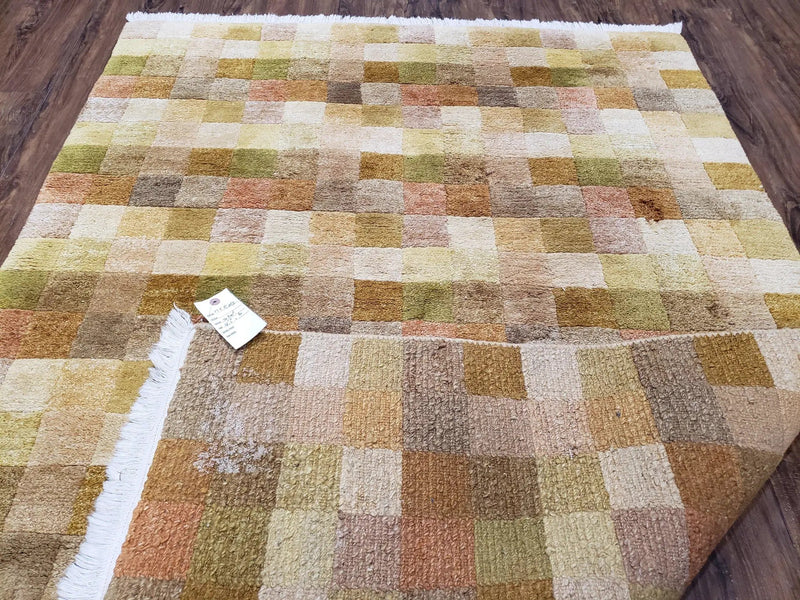 4x6 Tibetan Rug, Modern Abstract Handmade Area Rug, Checkerboard Pattern, Neutral Ivory Gold Tan Colors, Soft Pile, Mid Sized Rug, Nepali by Jewel Rugs