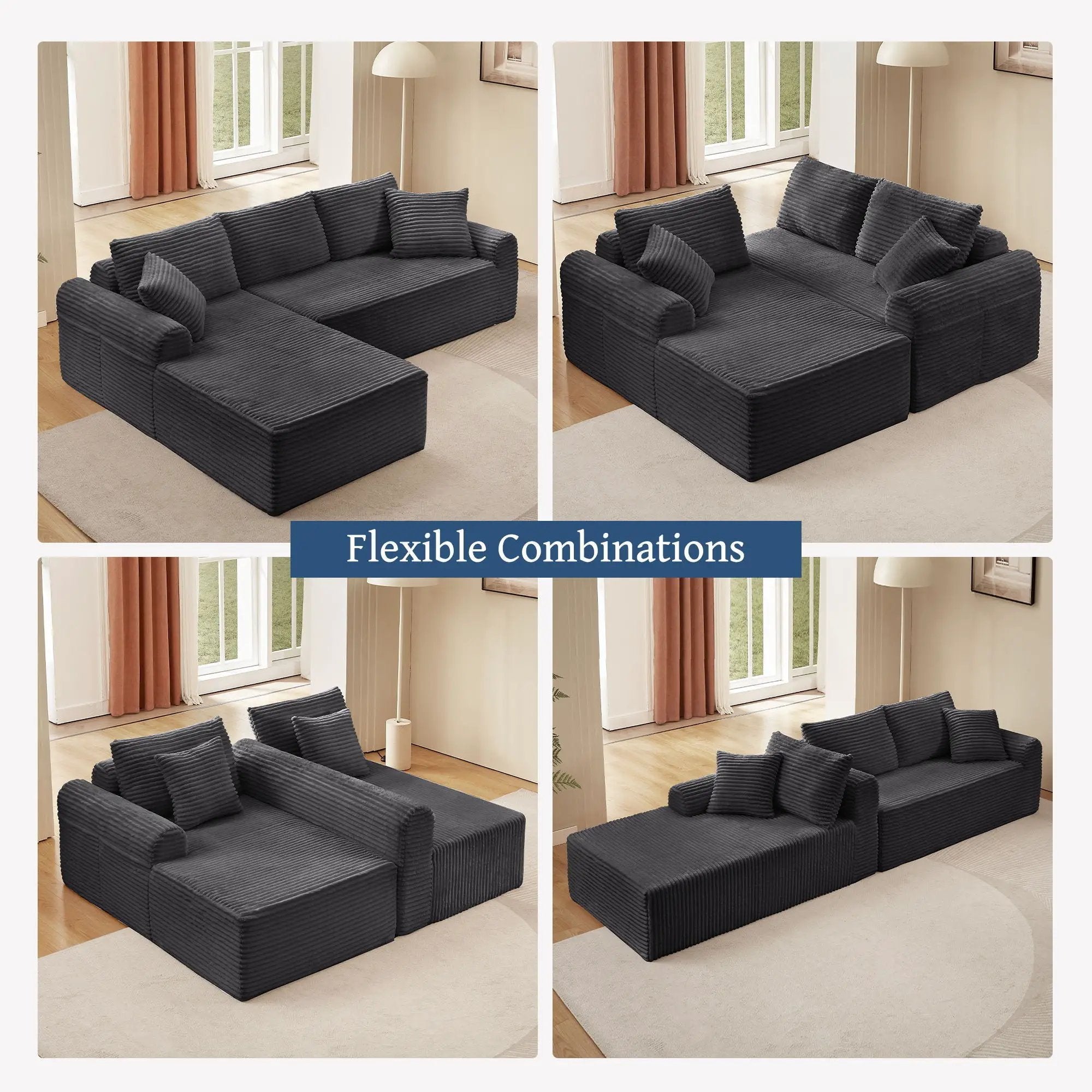 Modular Sectional With Arched Armrests, Includes 3 Back Cushions & 2 Throw Pillows by HouseOfZazla