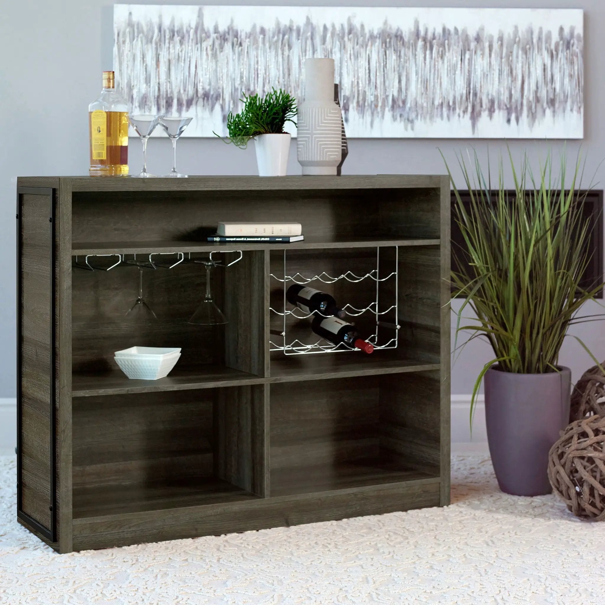 Garrison - 5 Shelf Home Bar Wine Cabinet With Stemware Racks And 12 Bottle Wine Storage - Oak by HouseOfZazla