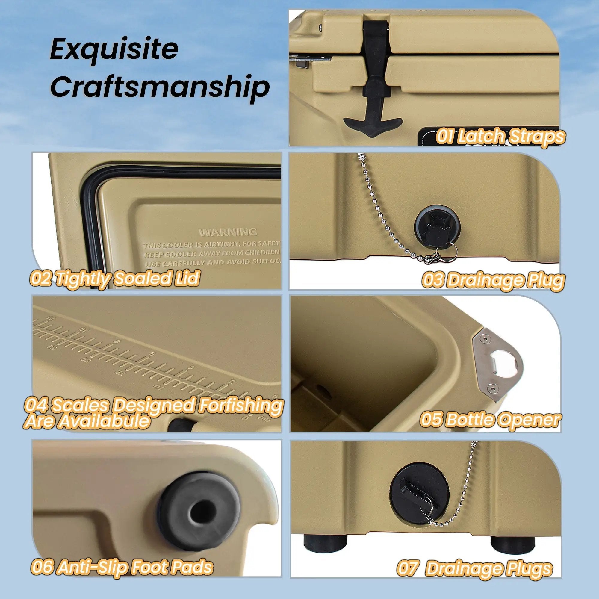 65 Quart Khaki Cooler - Ultra-Tough Hard Shell Ice Chest by HouseOfZazla