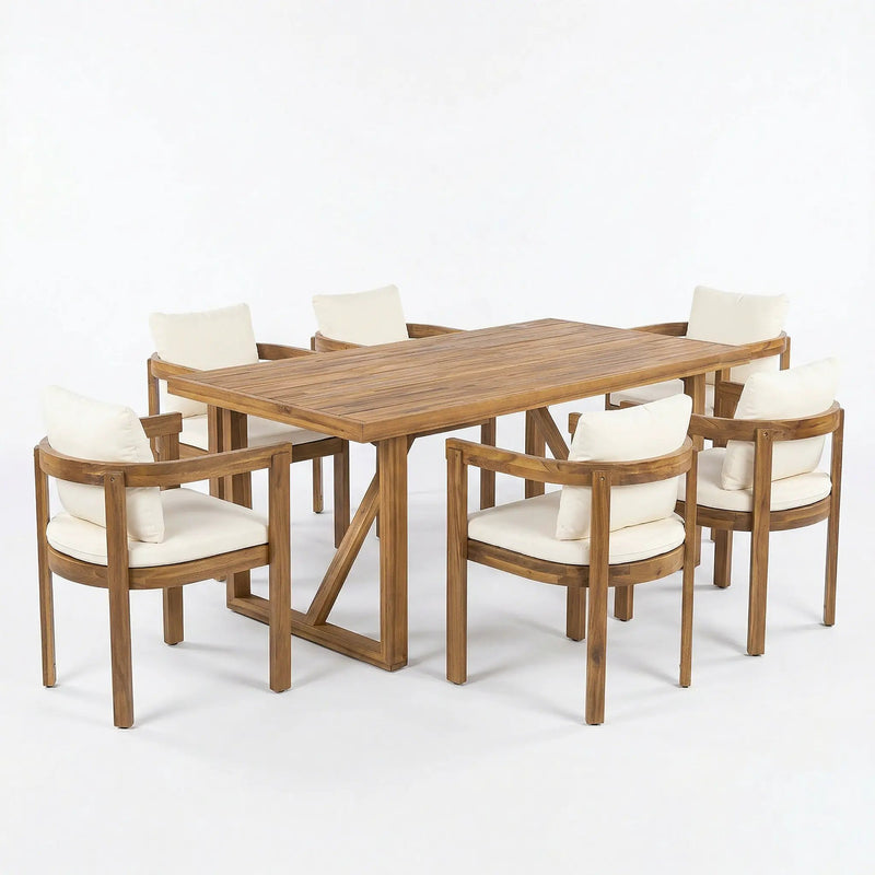 7 Pieces Acacia Wood Outdoor Dining Set with Cream Cushions by HouseOfZazla