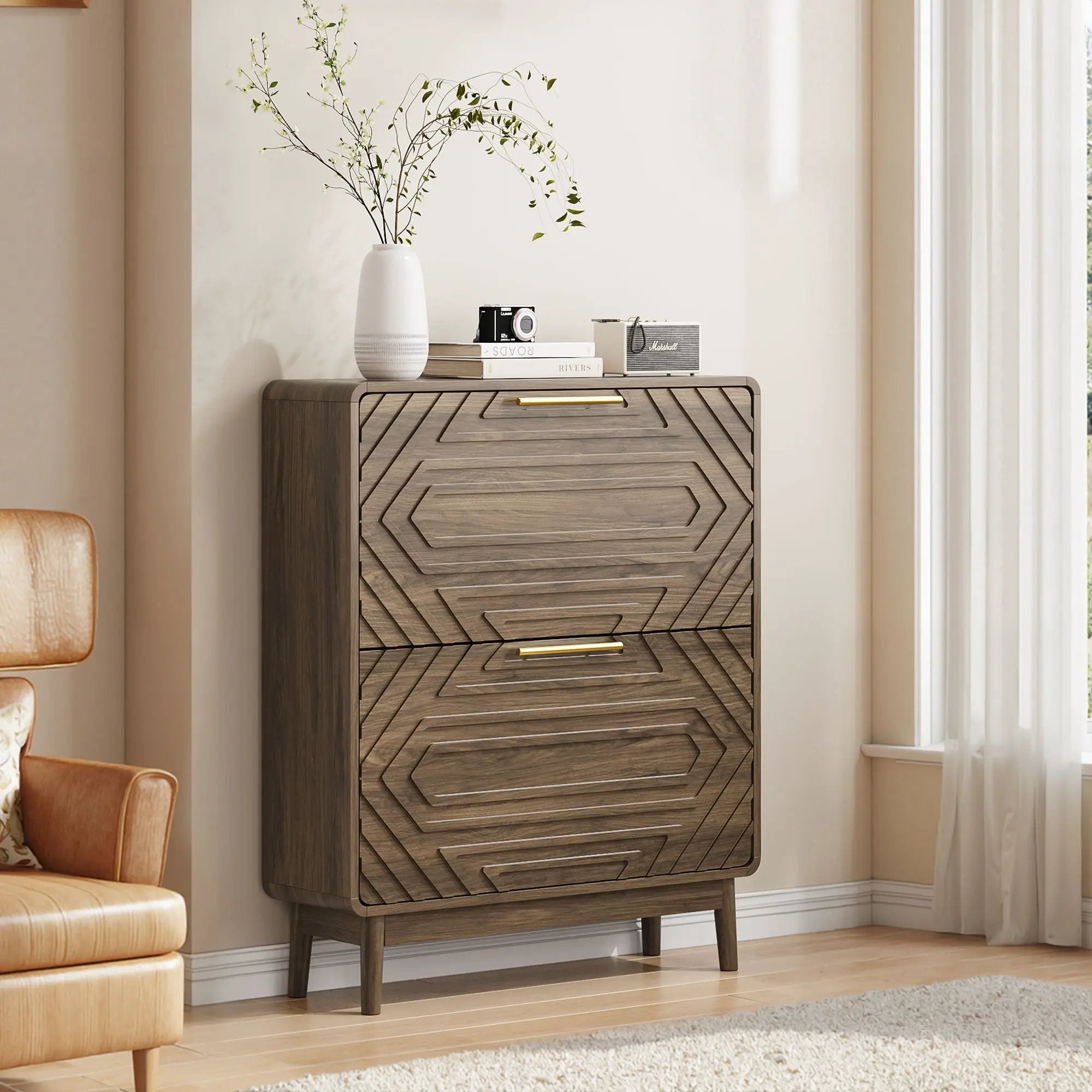 Freestanding Shoe Cabinet With 2 Flip Top Drawers For Entryway - Walnut by Unique Piece Furniture