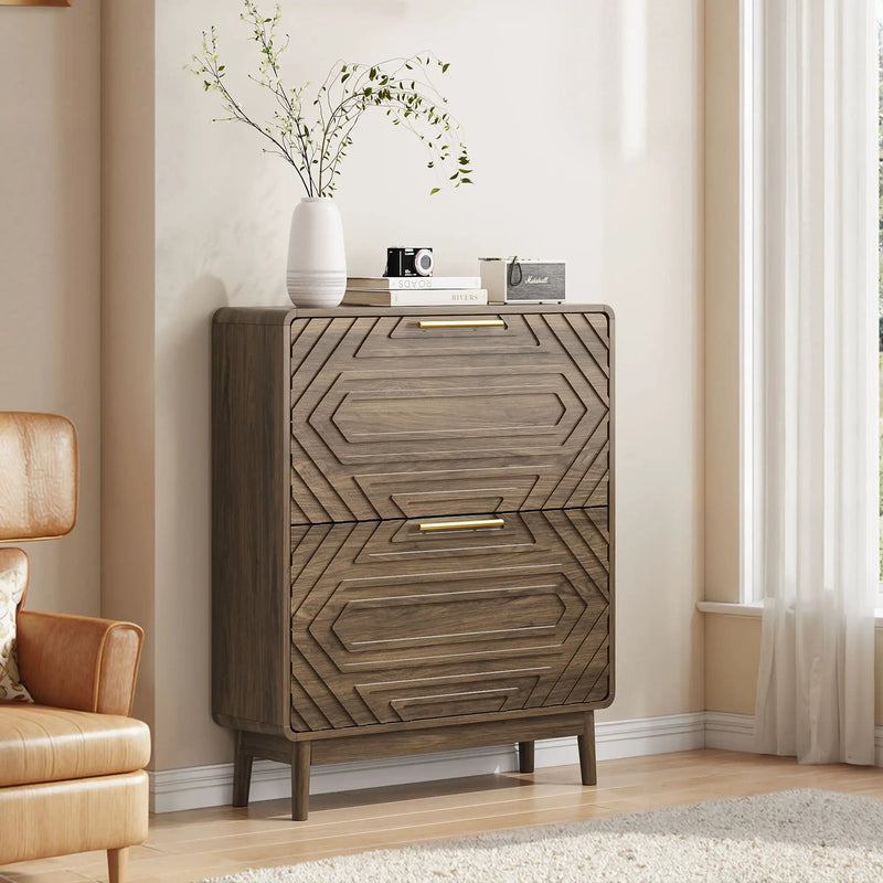 Freestanding Shoe Cabinet With 2 Flip Top Drawers For Entryway - Walnut by Unique Piece Furniture