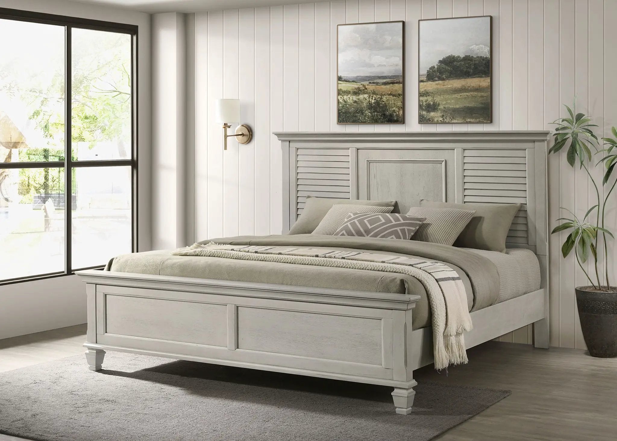 Franco Wood Eastern King Panel Bed Distressed White by Unique Piece Furniture