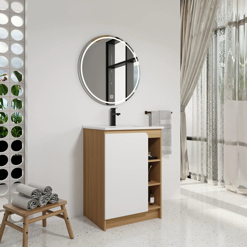 Freestanding Bathroom Vanity With Thin Rim Sink, Single Door With 4 Tier Open Shelves - Light Oak / White by Unique Piece Furniture