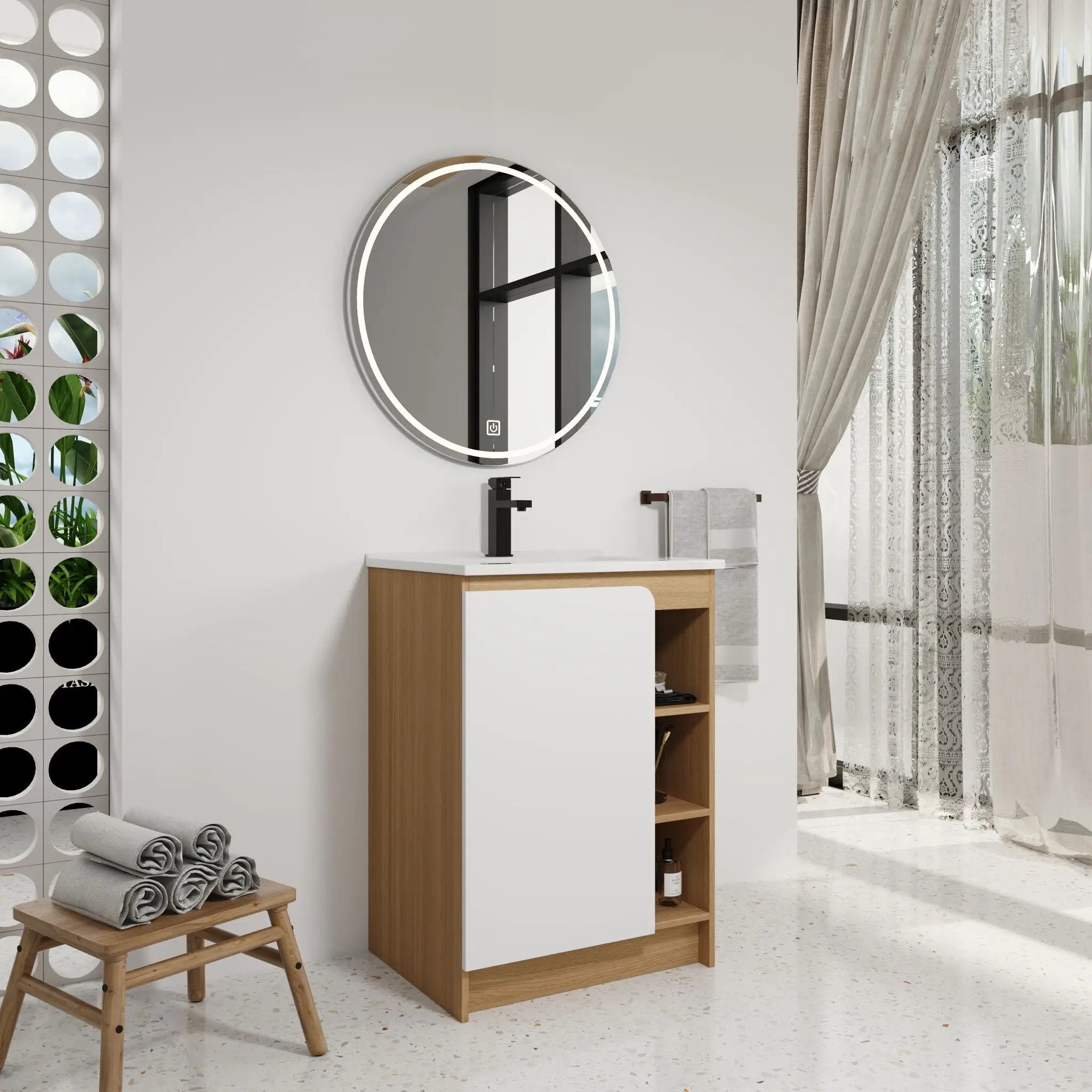 Freestanding Bathroom Vanity With Thin Rim Sink, Single Door With 4 Tier Open Shelves - Light Oak / White by HouseOfZazla