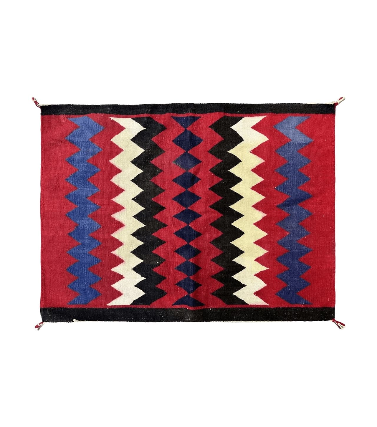Antique Navajo Rug 3.7 x 2.8, Red Ivory Blue, Zig Zag Pattern, Handmade, Wool by Jewel Rugs
