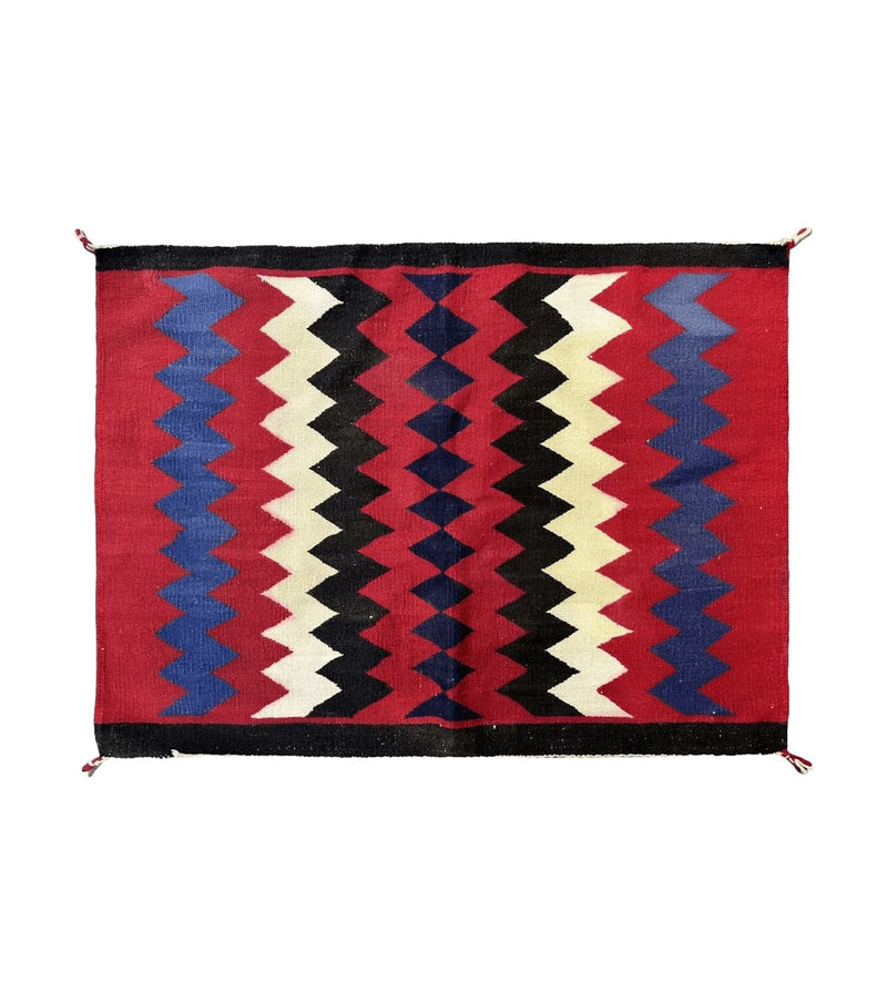 Antique Navajo Rug 3.7 x 2.8, Red Ivory Blue, Zig Zag Pattern, Handmade, Wool by Jewel Rugs