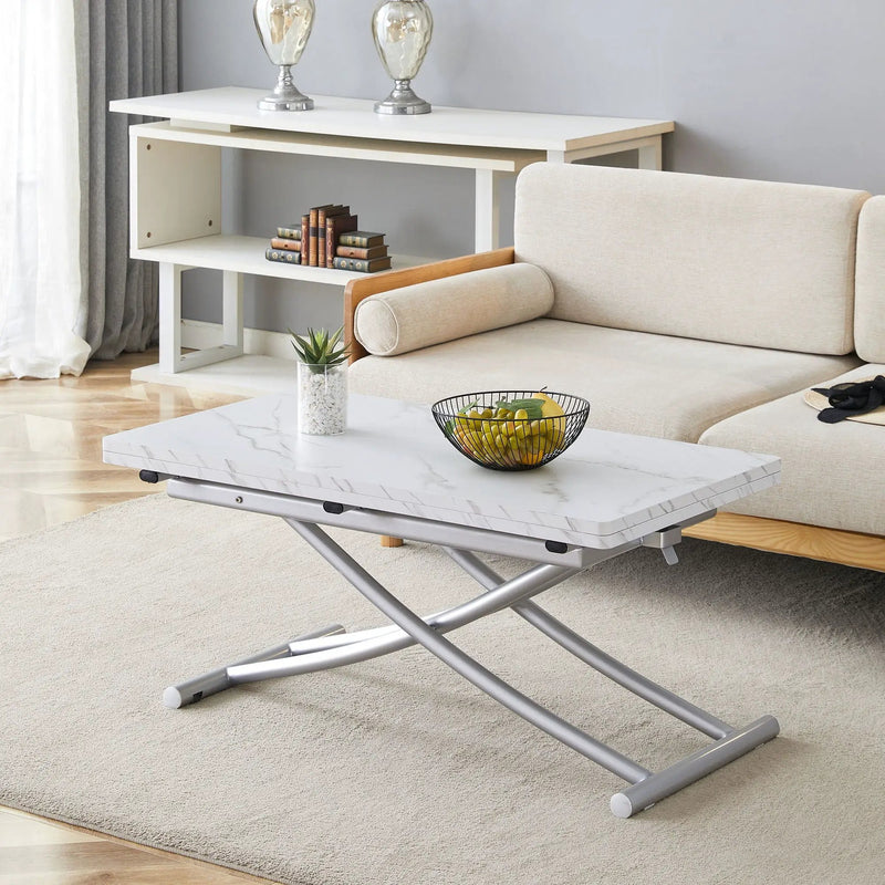 Modern Minimalist Multifunctional Lift Table With Metal Legs - White / Silver by Unique Piece Furniture