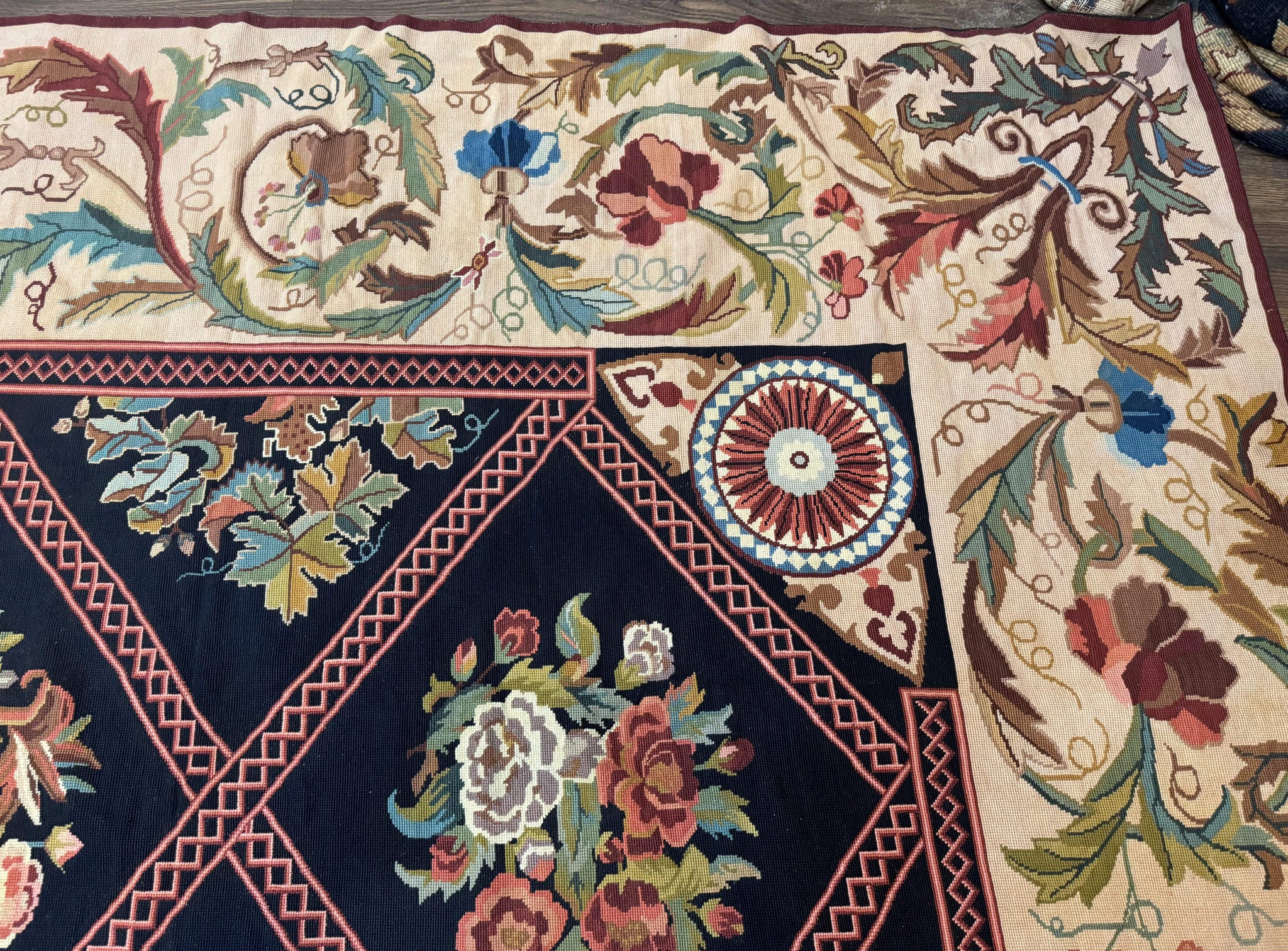 Palace Size Needlepoint Rug 12x20, European French English Aubusson Floral Design, Black and Beige by Jewel Rugs