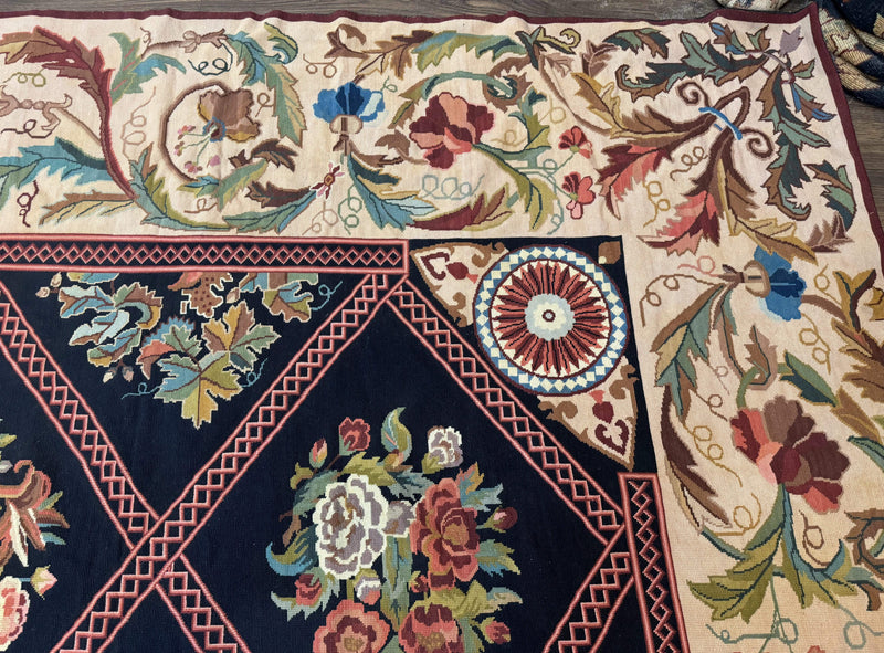 Palace Size Needlepoint Rug 12x20, European French English Aubusson Floral Design, Black and Beige by Jewel Rugs