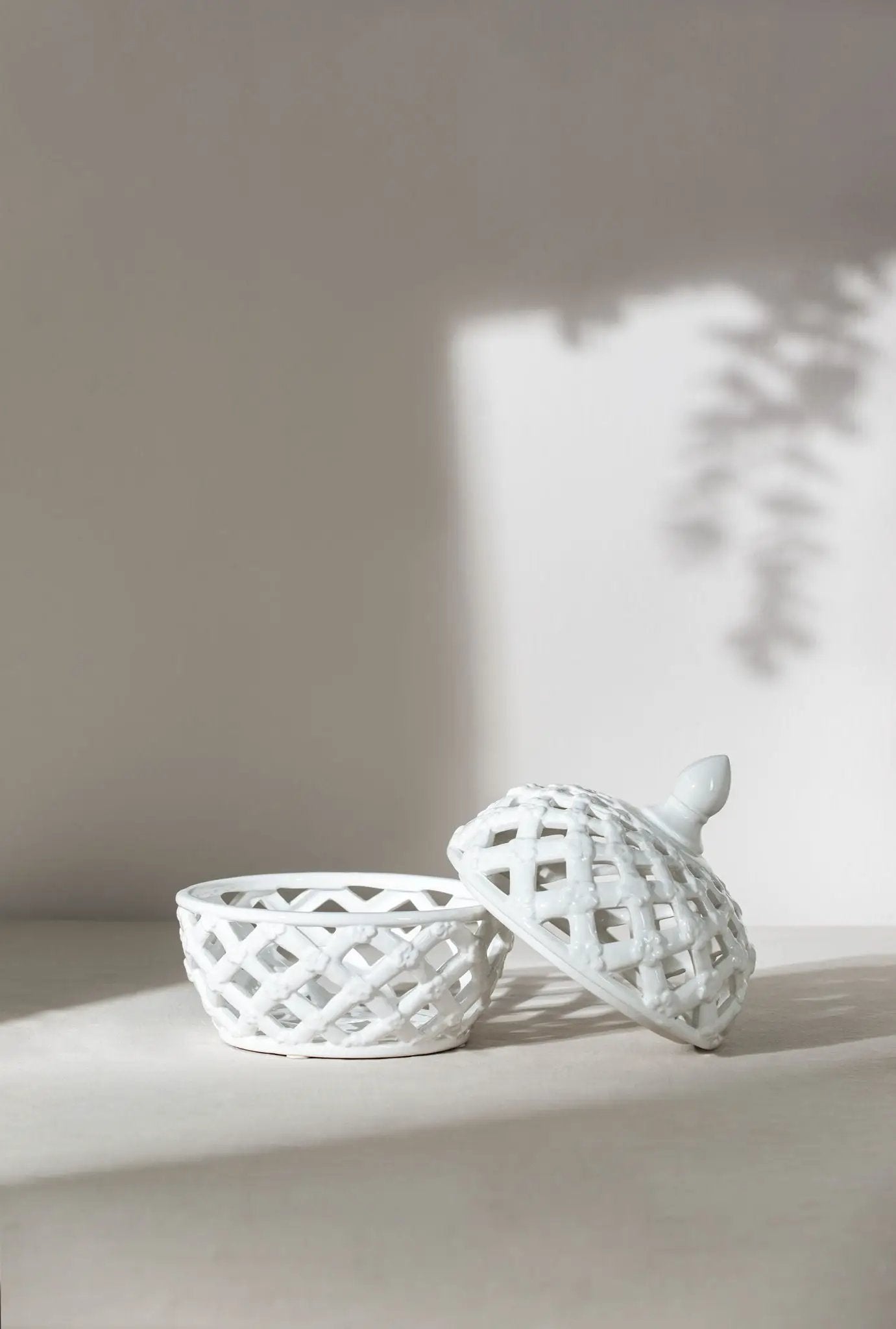 Ceramic Lidded Jar With Lattice Design - White by Unique Piece Furniture