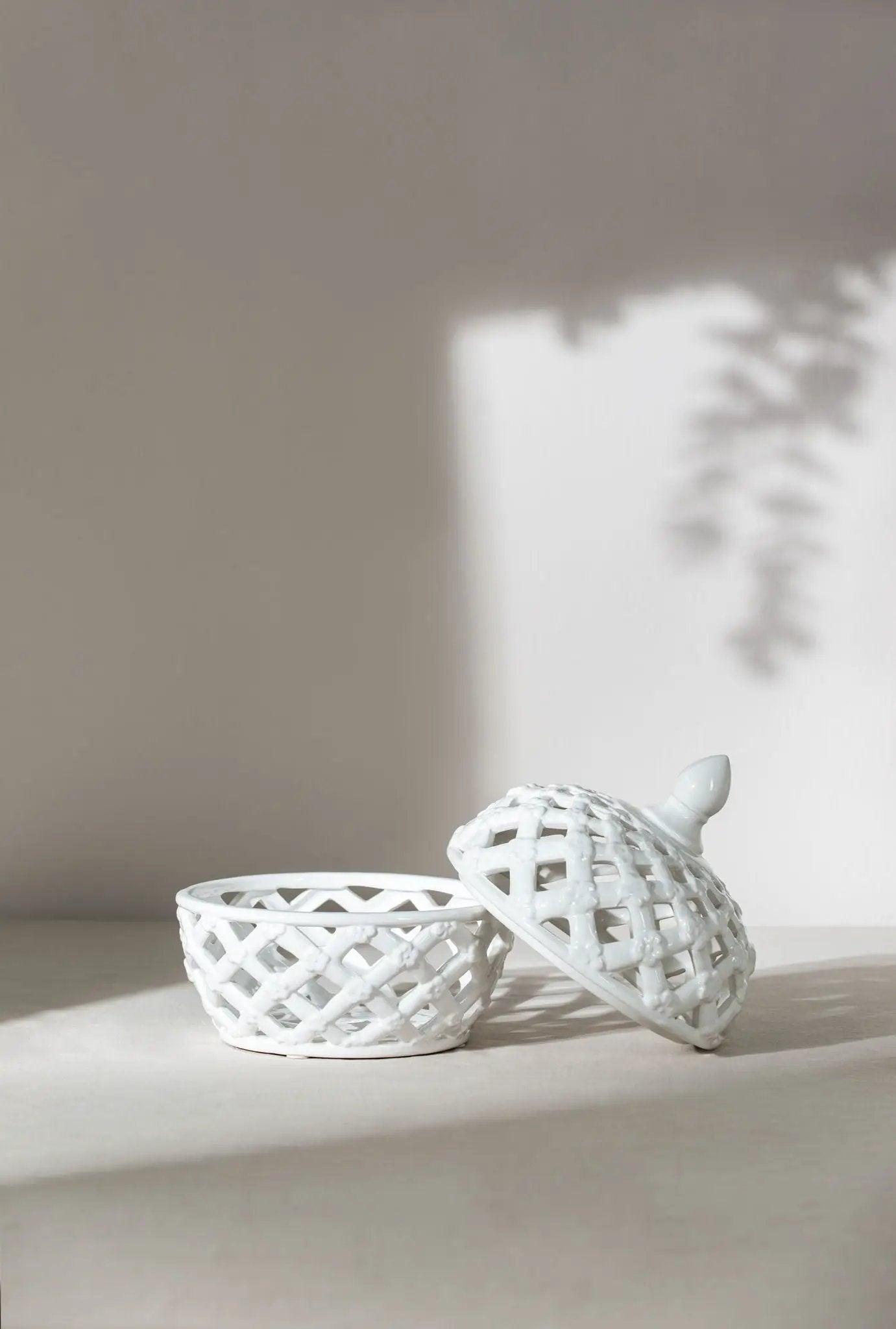 Ceramic Lidded Jar With Lattice Design - White by Unique Piece Furniture
