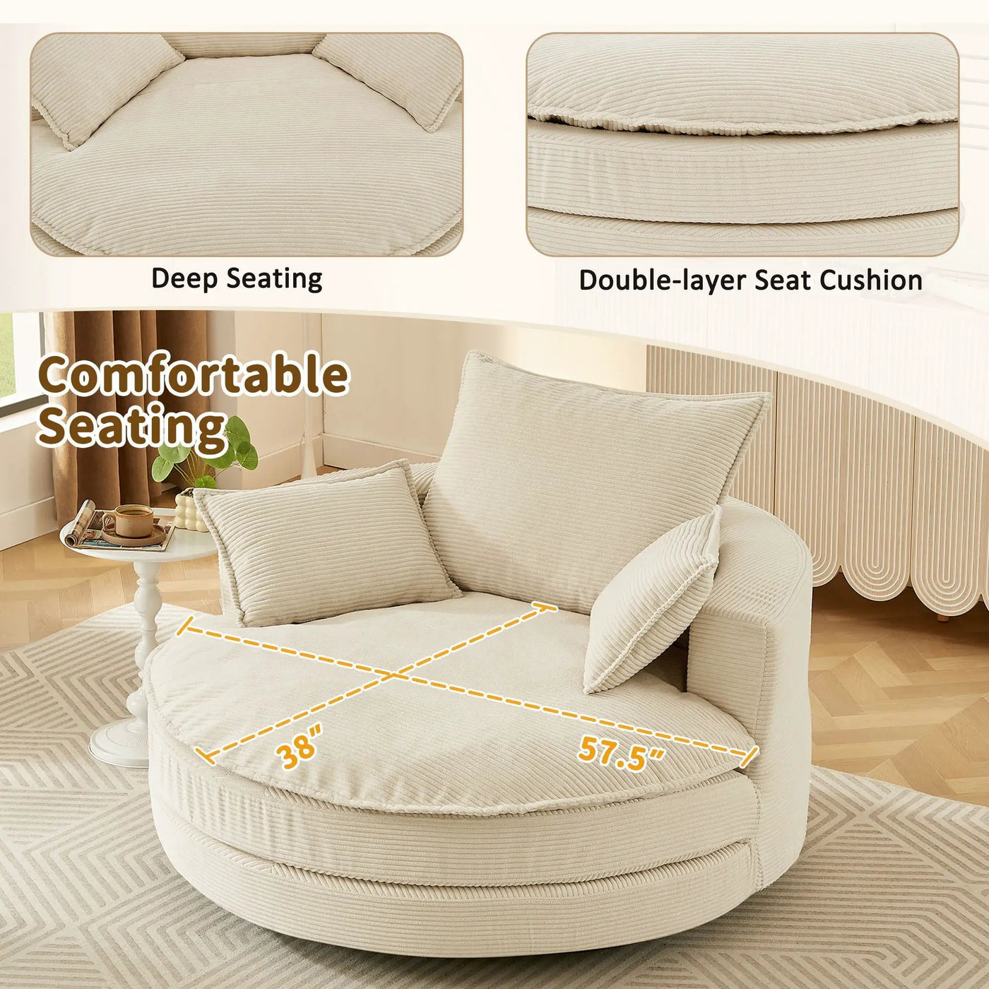 360° Swivel Accent Barrel Chair With Dual Layer Cushion And 3 Removable Pillows by Unique Piece Furniture