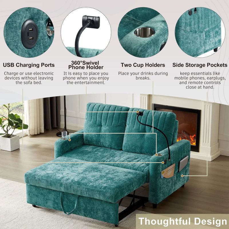 Modern Loveseat Pull Out Sofa Bed With Adjustable Backrest, Two Cup Holders, A Phone Holder, Three Charging Ports And Side Storage Pockets For Living Room by Unique Piece Furniture