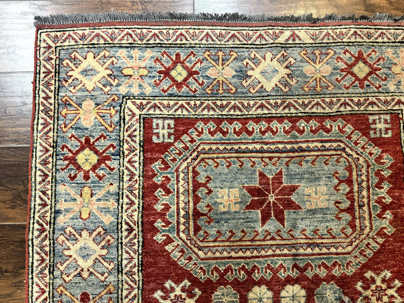 Turkish Kazak Rug 4x6, Handmade Vintage Wool Carpet, Geometric Design, Red and Light Blue by Jewel Rugs