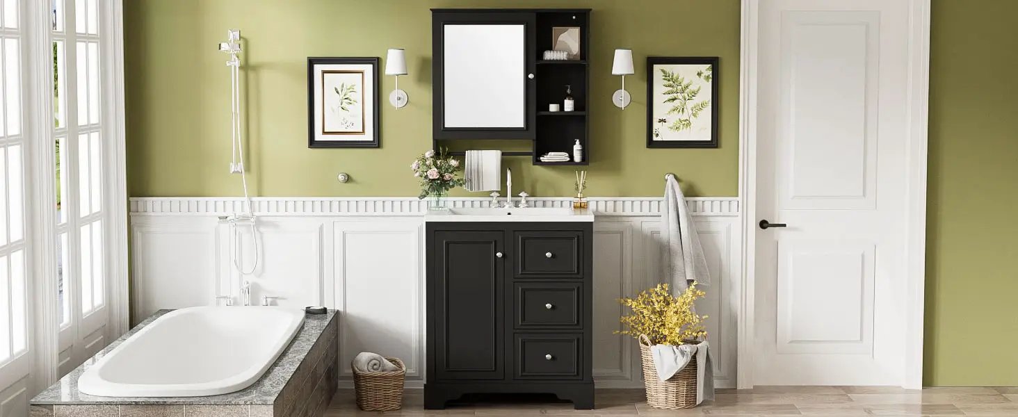 Bathroom Vanity With Sink, Modern Elegant Bathroom Storage Cabinet With 3 Drawers And Adjustable Shelves, Freestanding Vanity Set With Mirror Cabinet, Single Sink Bathroom Vanity by HouseOfZazla