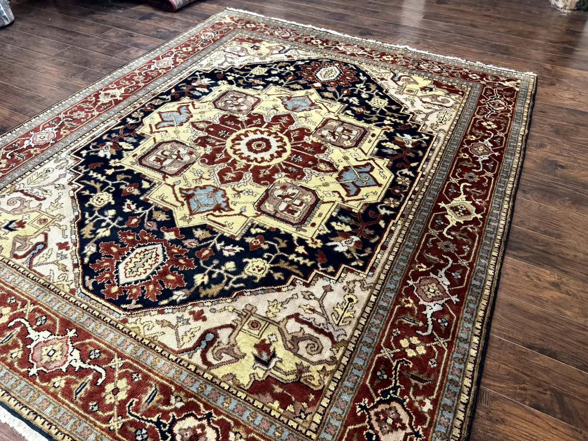 Indo Persian Heriz Rug 8x10, Geometric Medallion, Serapi Carpet, Wool Vintage Rug by Jewel Rugs