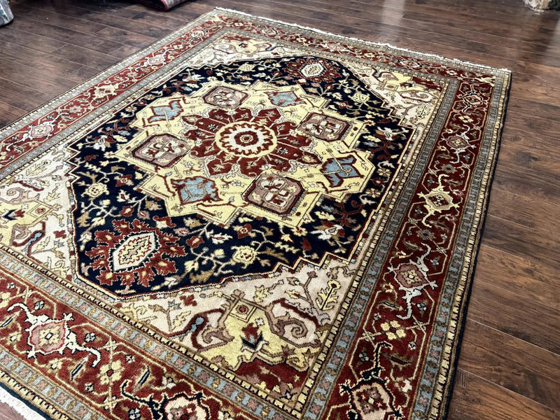Indo Persian Heriz Rug 8x10, Geometric Medallion, Serapi Carpet, Wool Vintage Rug by Jewel Rugs