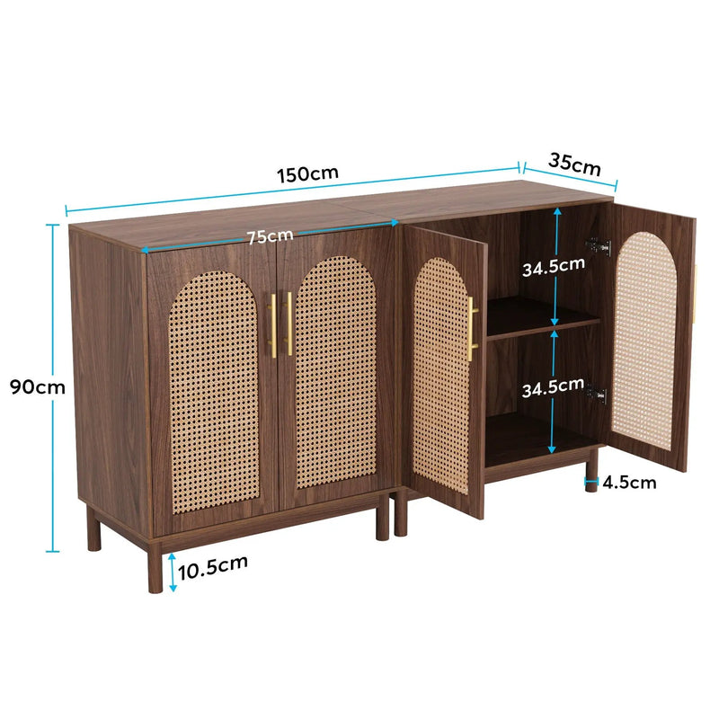Sideboard Buffet Cabinet With Handwoven Rattan Doors (Set of 2) - Dark Brown by HouseOfZazla