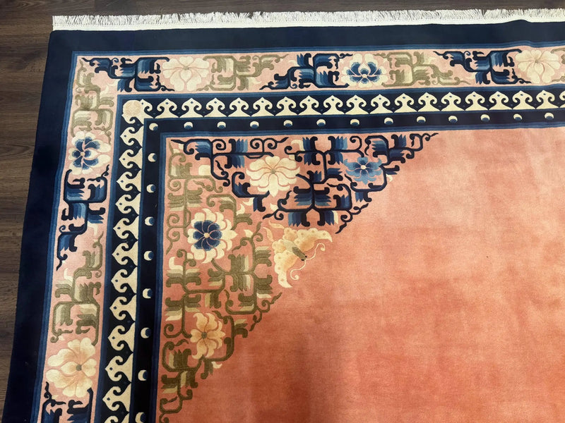 Chinese Wool Rug 11x18, Palace Sized Chinese Carpet, Peking Rug, Peach and Blue, Open Field, Simple Design, Art Deco Rug, Large Handmade Rug by Jewel Rugs