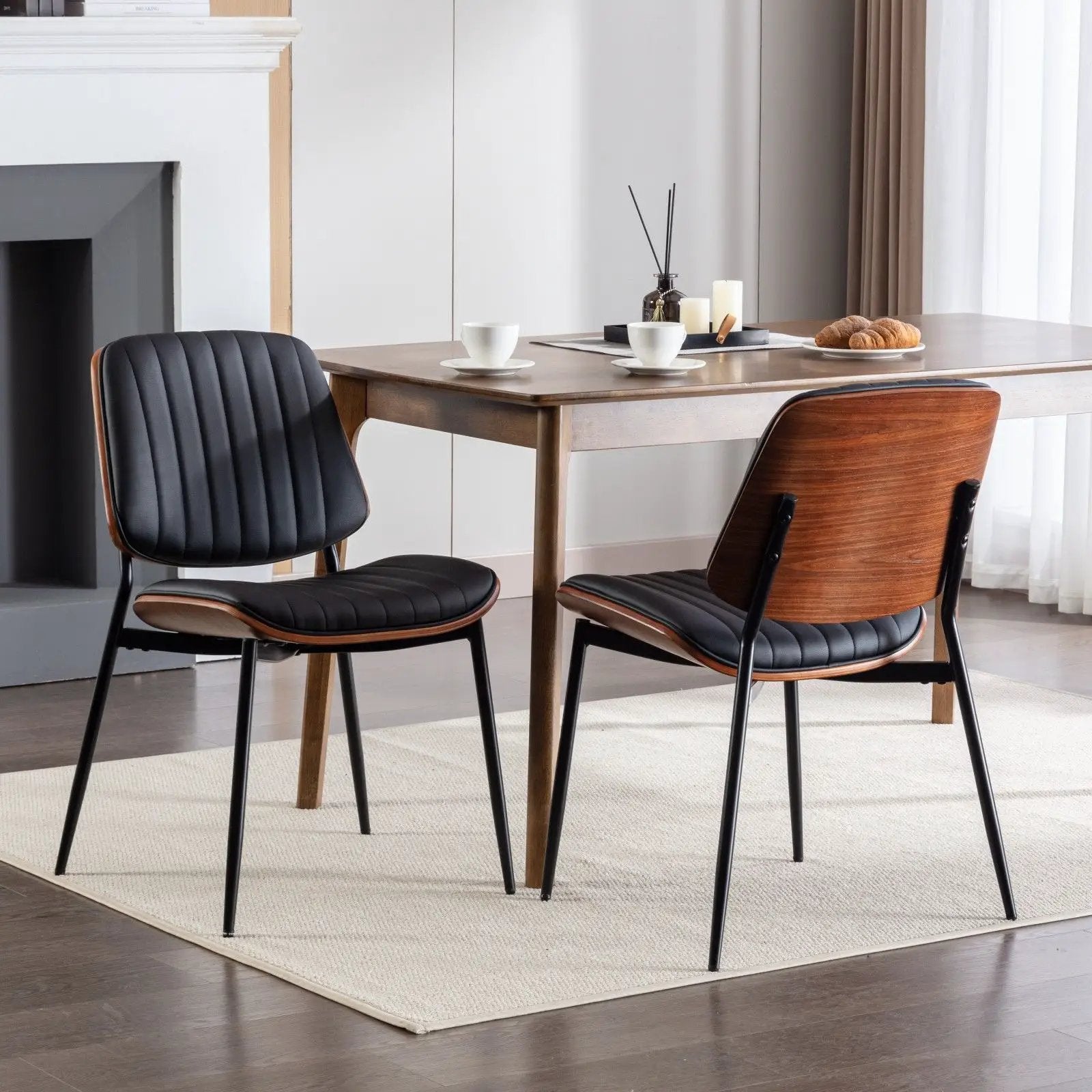 Dining Chairs (Set of 2) Mid-Century Modern Retro Chair With Walnut Bentwood Back Upholstered Seat Metal Legs Adjustable Foot For Kitchen Dining Room Chairs by Unique Piece Furniture