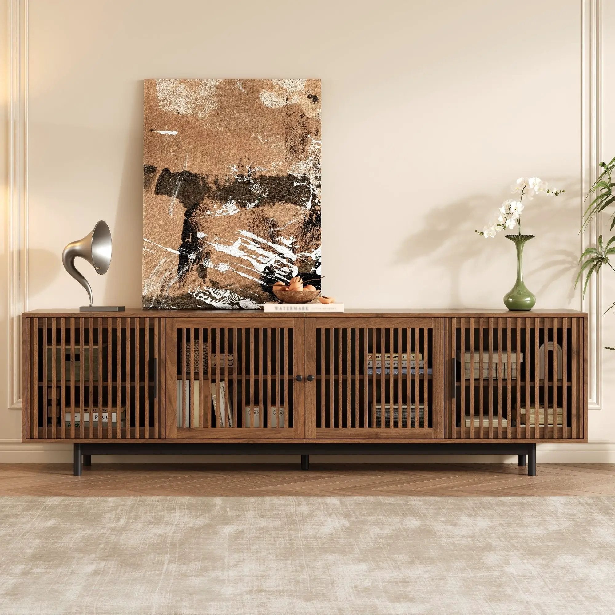 TV Stand For TVs, Entertainment Center With Closed Storage & Cable Management, Soft Closing Hinges - Walnut by Unique Piece Furniture