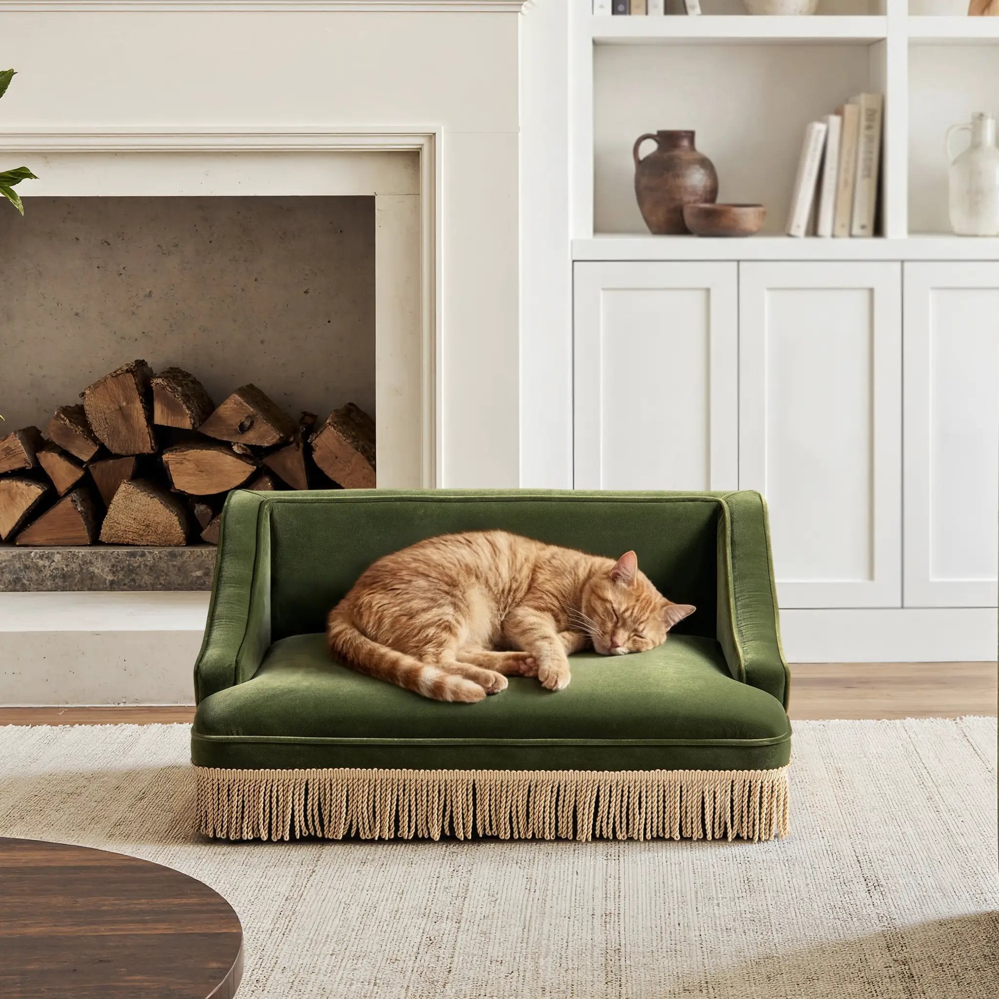 Duchess 33' Medium Princess Pet Bed Sofa with Fringe Skirt, Olive Green Velvet by HouseOfZazla
