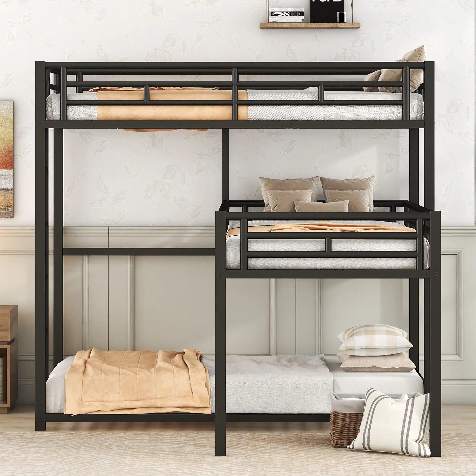 L-Shaped Triple Twin Size Bunk Bed, Industrial Design With Integrated Ladder And Full Length Guardrails - Black by HouseOfZazla