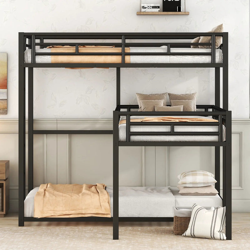L-Shaped Triple Twin Size Bunk Bed, Industrial Design With Integrated Ladder And Full Length Guardrails - Black by HouseOfZazla