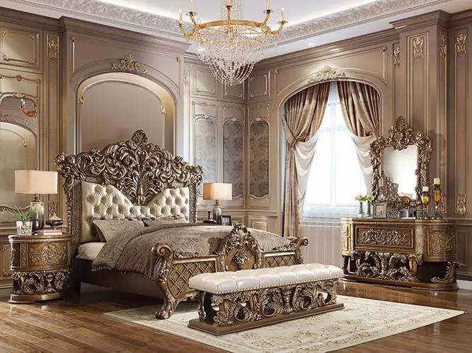 Constantine - Eastern King Bed - Synthetic Leather , Light Gold, Brown & Gold by Unique Piece Furniture
