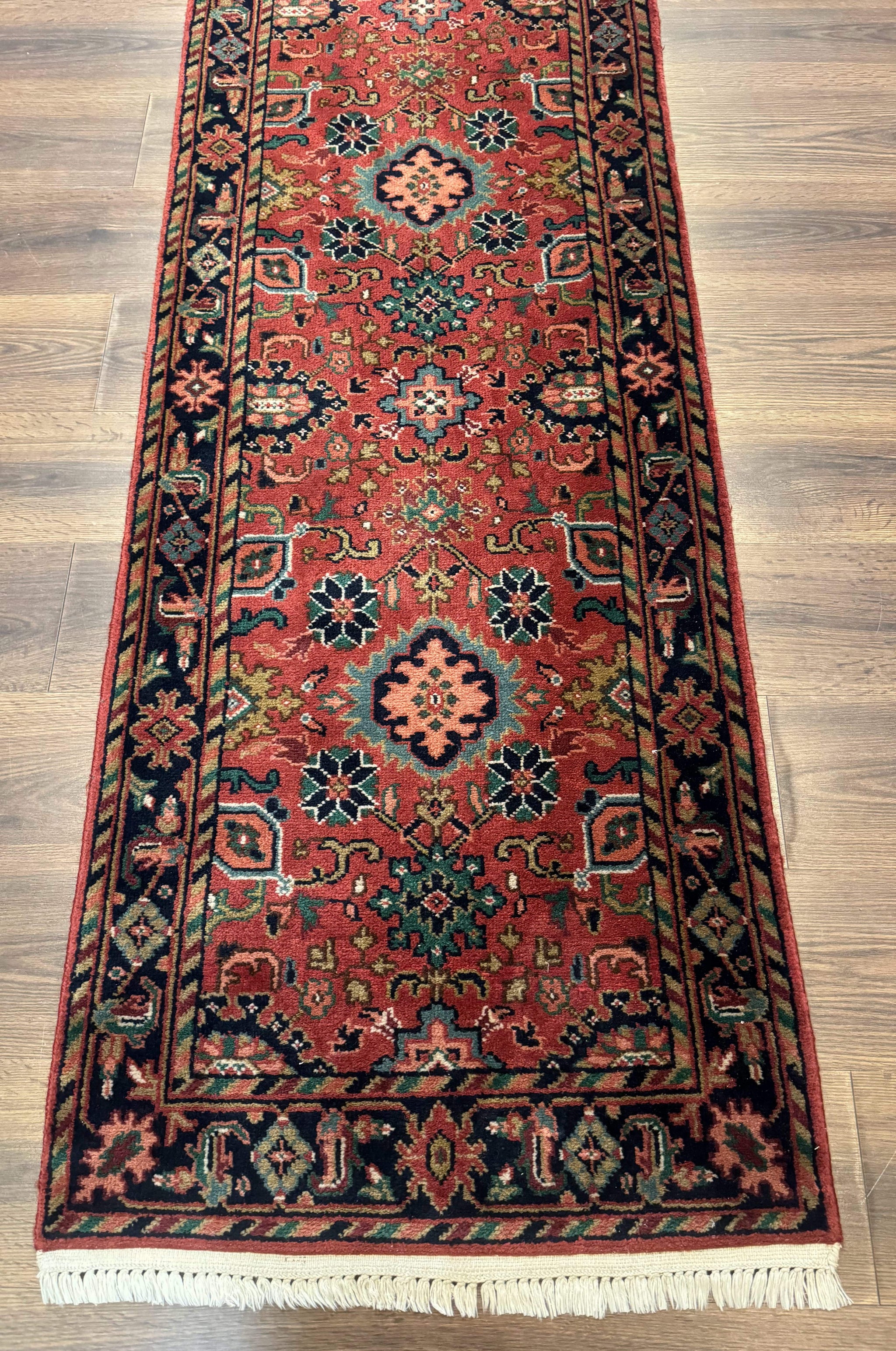 Indo Persian Heriz Runner Rug 2 x 12 ft, Hand Knotted Wool Hallway Rug, Red & Black by Jewel Rugs