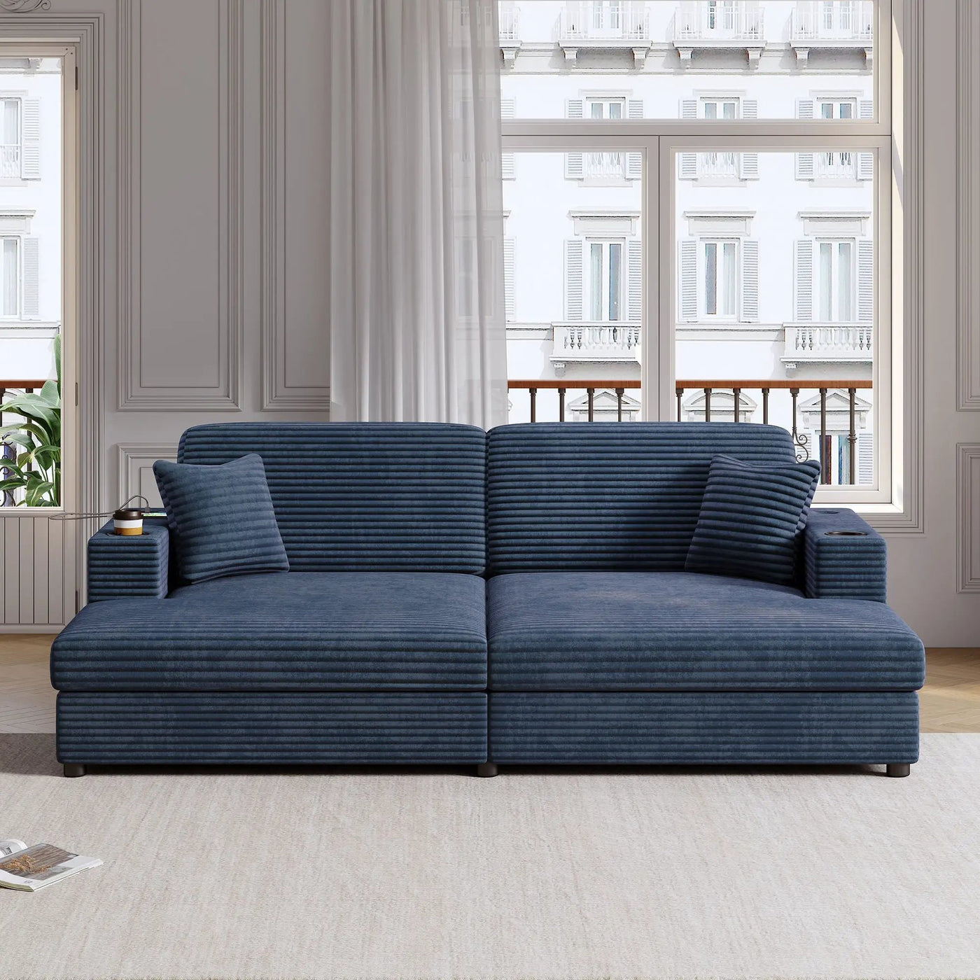 Oversized Loveseat Chaise With 2 USB Ports, 2 Cup Holders And 2 Throw Pillows by Unique Piece Furniture