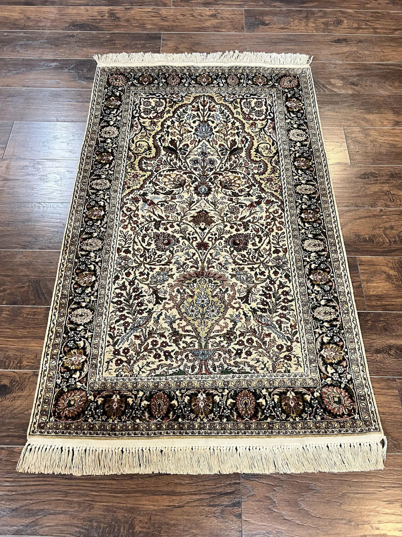 Turkish Kayseri Silk Rug 3x5, Tree of Life Silk Oriental Carpet, Birds Persian Vase Design, Hand Knotted Vintage Fine Rug, 340 KPSI by Jewel Rugs