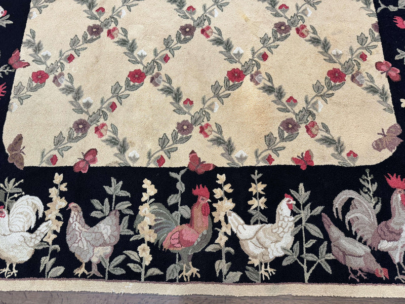 Vintage Hooked Rug 7x9, Rosters in Border, Roses and Butterflies by Jewel Rugs