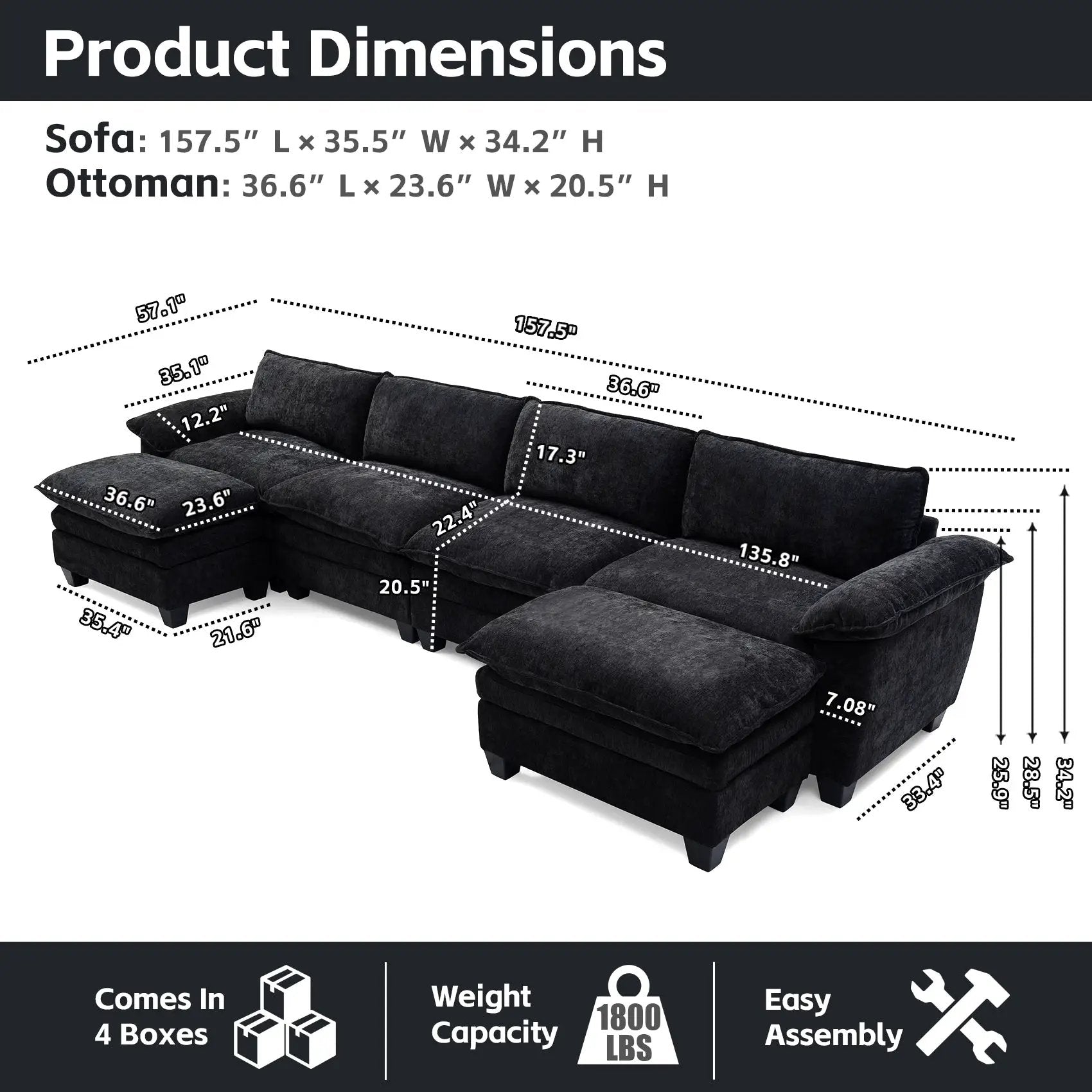 Luxury Chenille Upholstered U Shape Sofa with Two Ottomans by HouseOfZazla